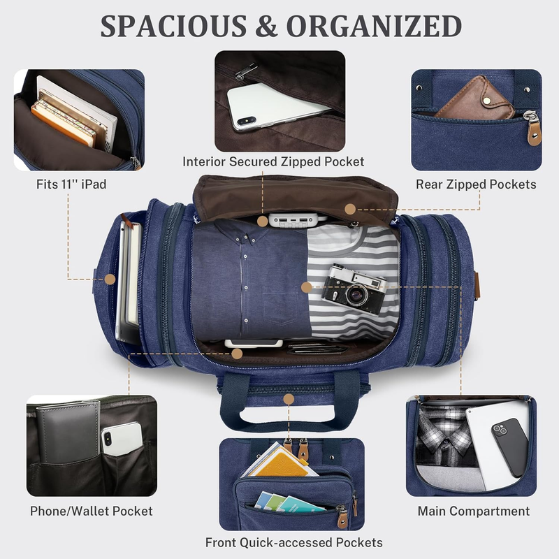 Canvas Duffle Bag for Travel 50L Expandable Duffel Weekend Overnight Bag MenBlue3
