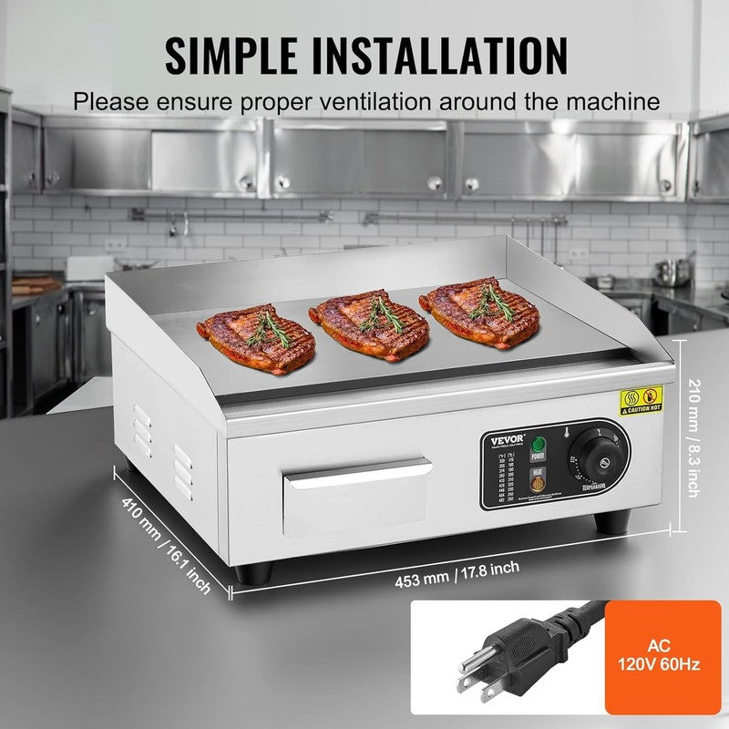 1700W Commercial Electric Griddle 18in Stainless Steel Flat Top Adjustable Temp4