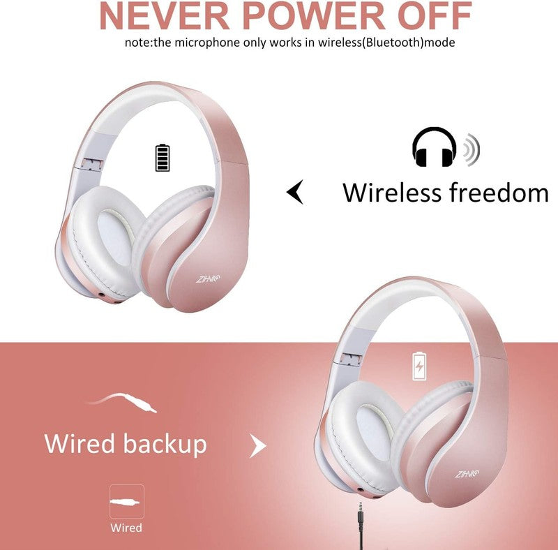 Rose Gold Bluetooth Over Ear Headphones, Foldable, Wired/Wireless, Soft Earmuffs4