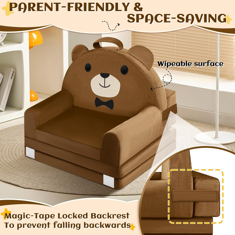 Kids Foldable Sofa Bed w/ Washable Cover, Crystal Velvet Toddler Chair Brown4