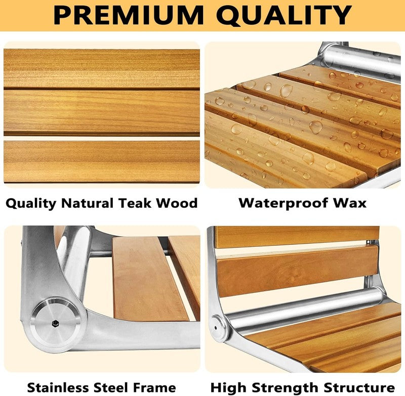 Folding Teak Shower Seat Stainless Steel Oak Bath Safety Seat for Elderly3