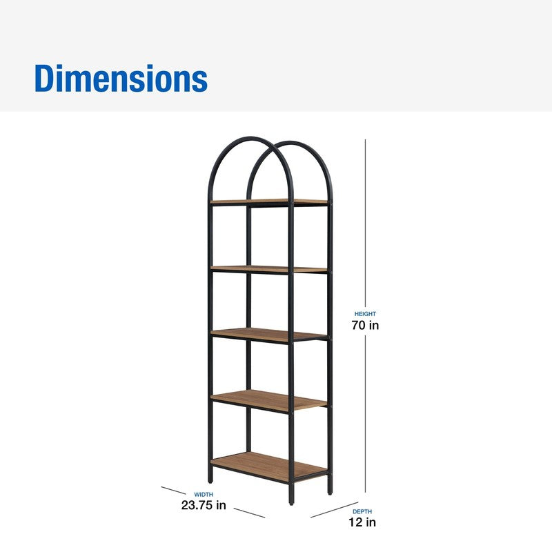 5-Shelf Metal and Wood Arch Open Bookcase2