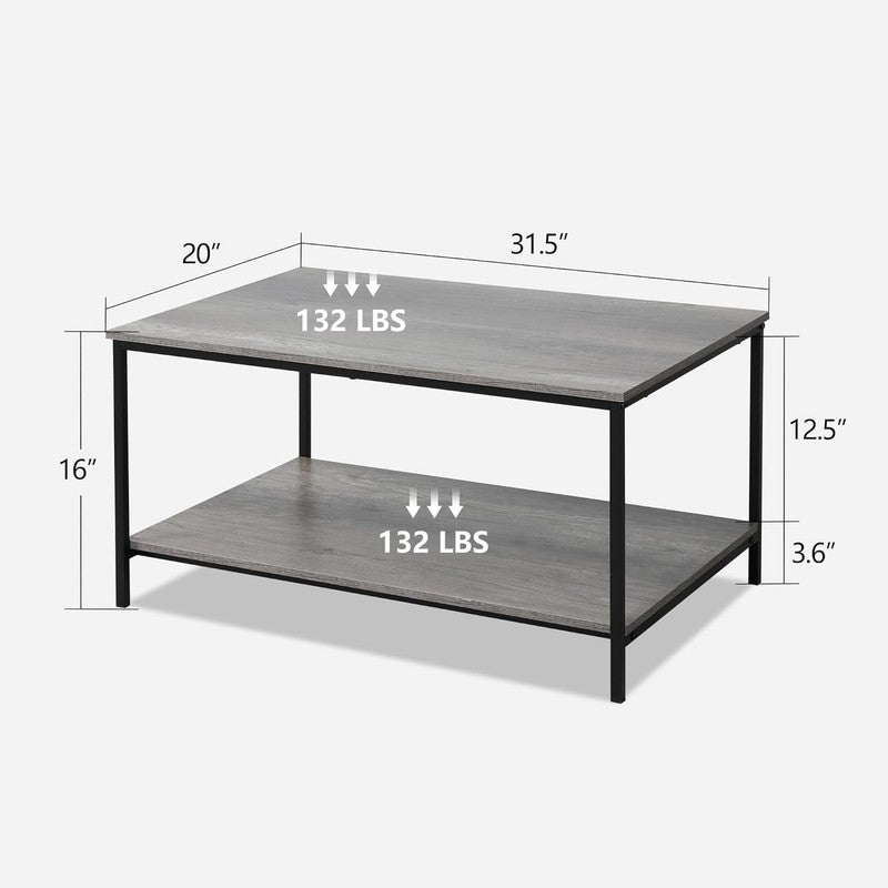 2 Tier Grey Oak Coffee Table with Storage, Wood & Metal, Living Room Table2