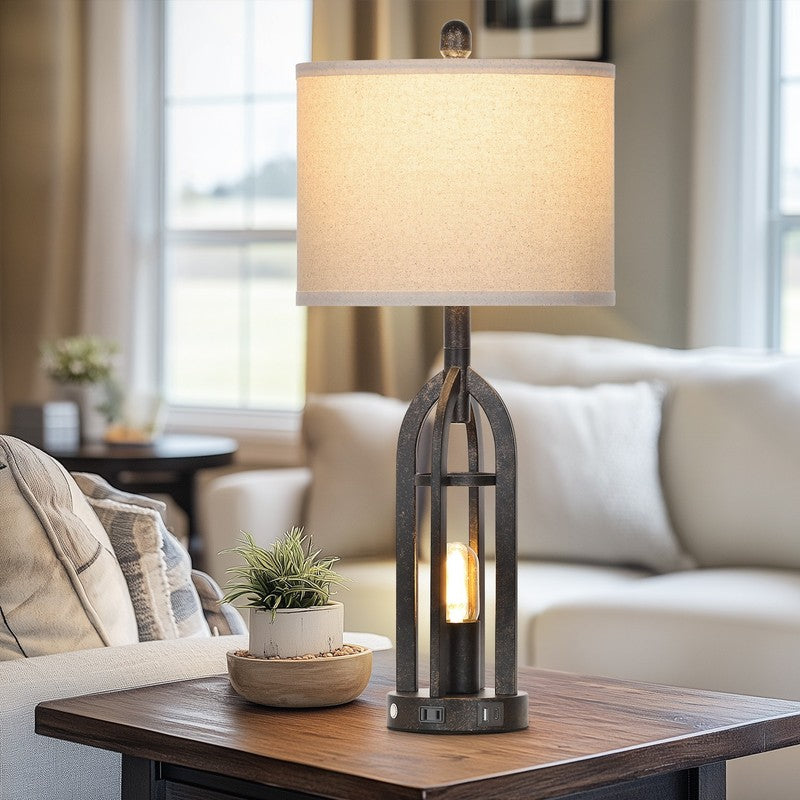 Set of 2 Industrial Table Lamps USB A+C Ports AC Outlet 3 Way Touch Dimmable Gol2