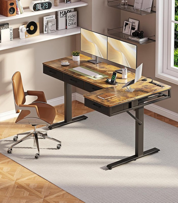 63” L-Shaped Electric Standing Desk w/ Drawers Power Outlets Rustic Brown1