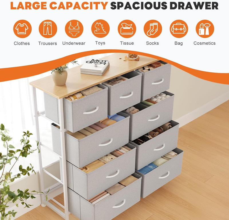 9 Drawer Fabric Dresser Storage Tower Steel Frame Wood Top Light Gray5