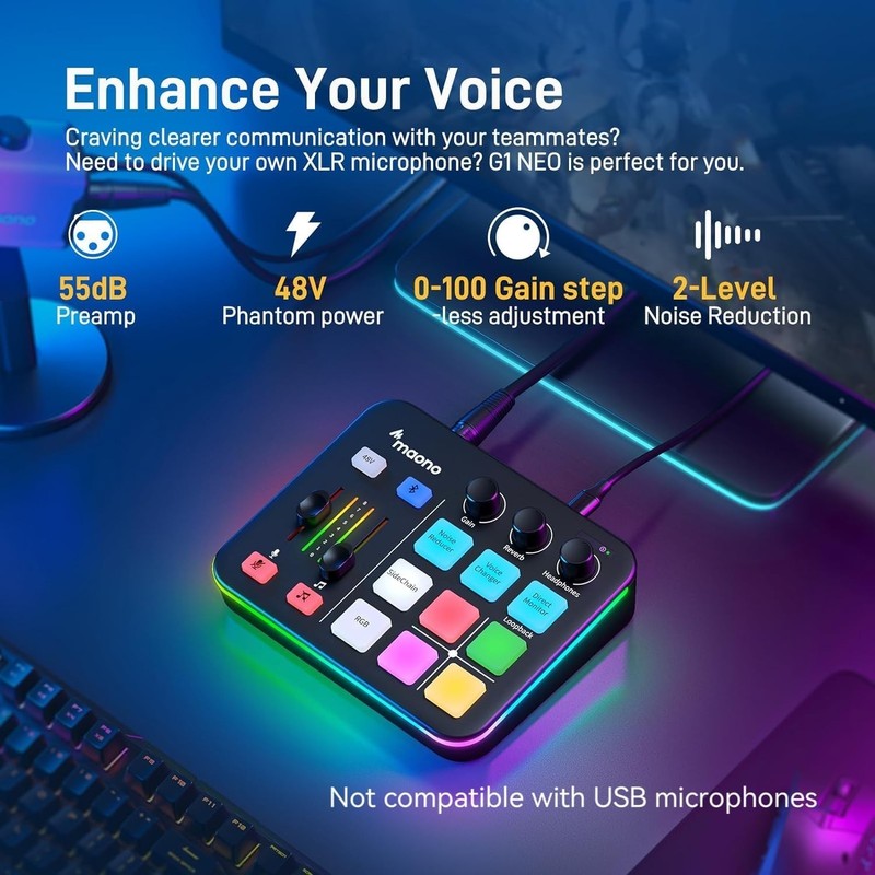 Gaming Audio Mixer RGB Bluetooth Pro Preamp 48V Phantom Live Streaming G1 NEO1