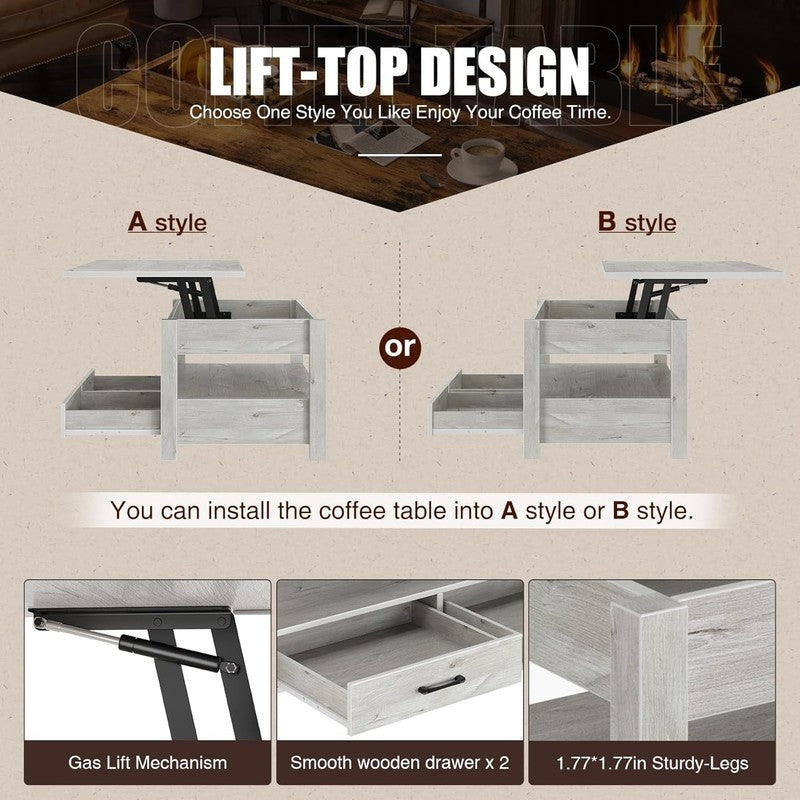 Lift Top Coffee Table w/ Drawers Hidden Compartment Wooden Table Grey5
