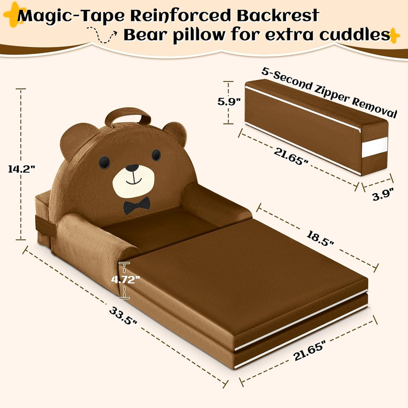 Kids Foldable Sofa Bed w/ Washable Cover, Crystal Velvet Toddler Chair Brown3