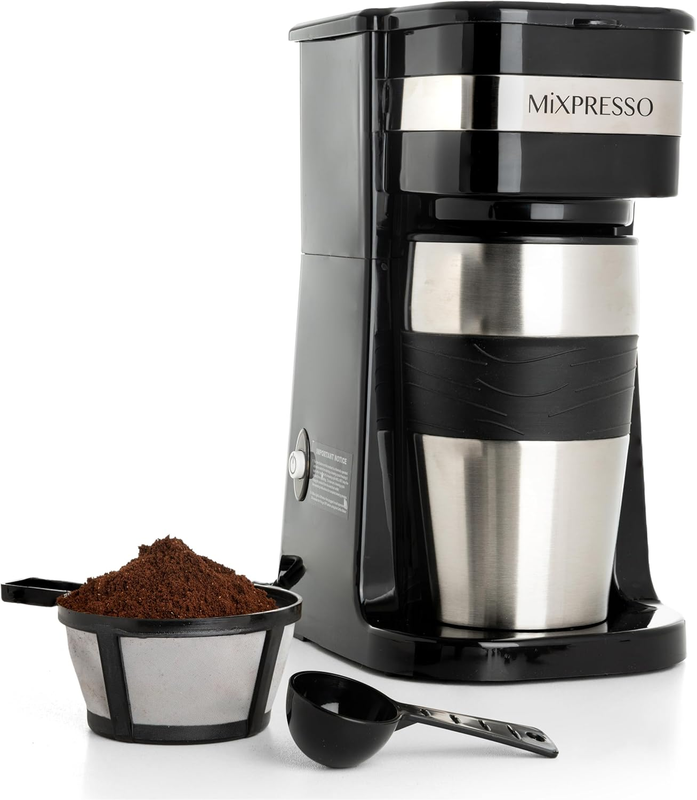 Compact Black Single Serve Coffee Maker with 14Oz Travel Mug & Auto Shut Off0