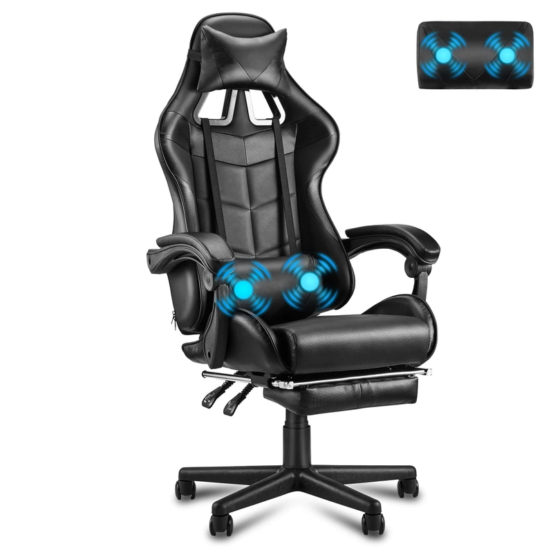 Ergonomic Gaming Chair with Footrest Massage Lumbar Support High Back Black0