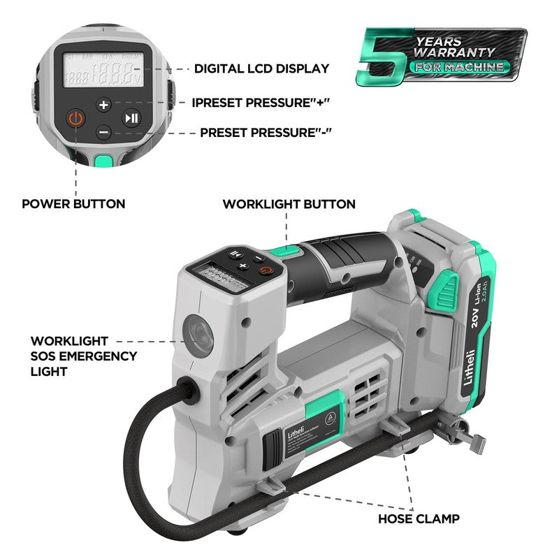 20V Cordless Tire Inflator Air Compressor for Car, Bike, Sport Ball,150 PSI Car 1