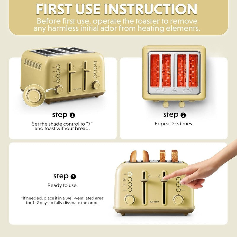 Retro 4 Slice Toaster 1800W Extra Wide Slots 7 Shade Bagel Stainless Yellow3