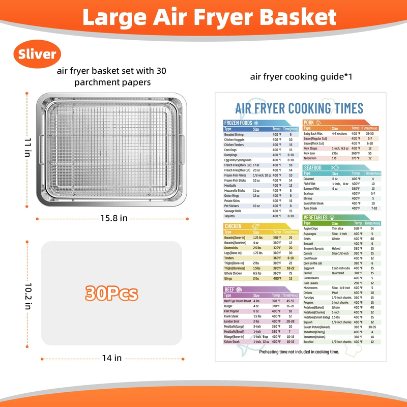 2 Pack Air Fryer Basket Tray for Oven Stainless Steel w/30 Parchment 15.67