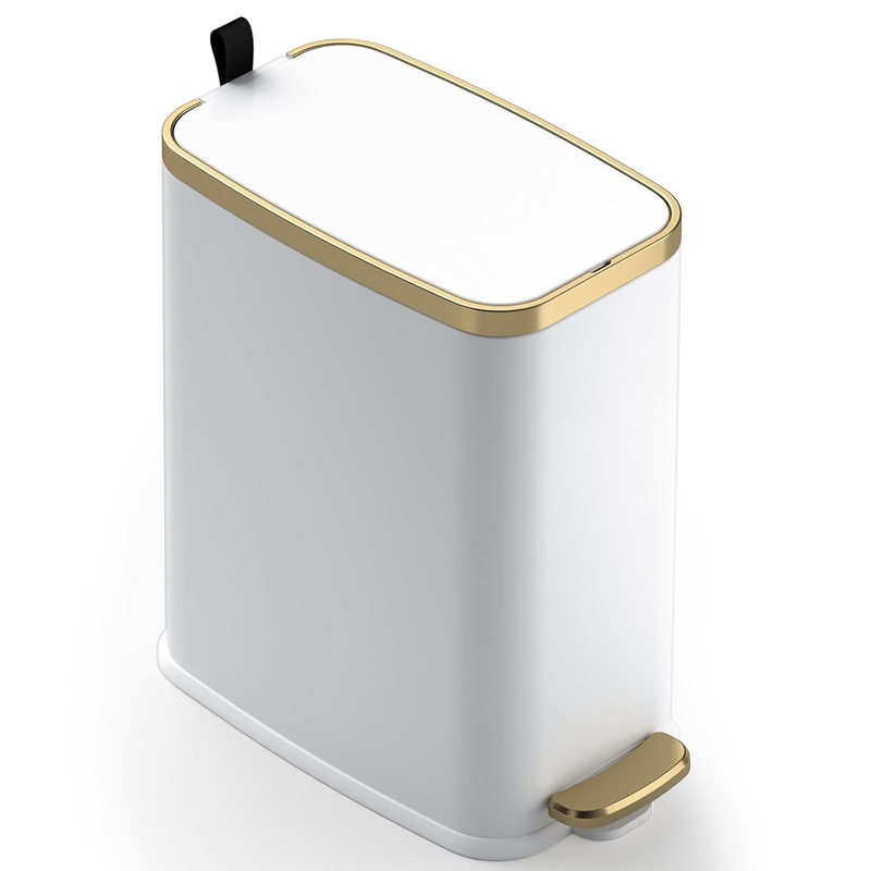 5L Bathroom Trash Can with Lid, Slim Step Waste Bin, Soft Close, White0