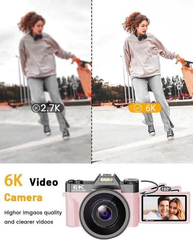 6K Digital Camera 64MP Vlogging WiFi 180° Flip Screen 16X Zoom 32GB Pink2