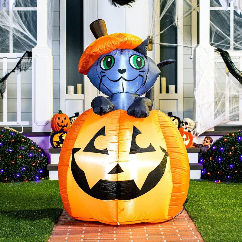 5Ft Halloween Inflatable Animated Kitty on Pumpkin Yard Lawn Decoration6