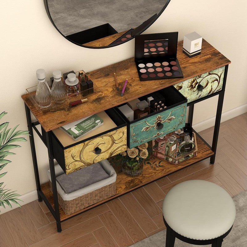 Entryway Console Table Rustic Brown Boho Sofa Table 3 Fabric Drawers Shelf4