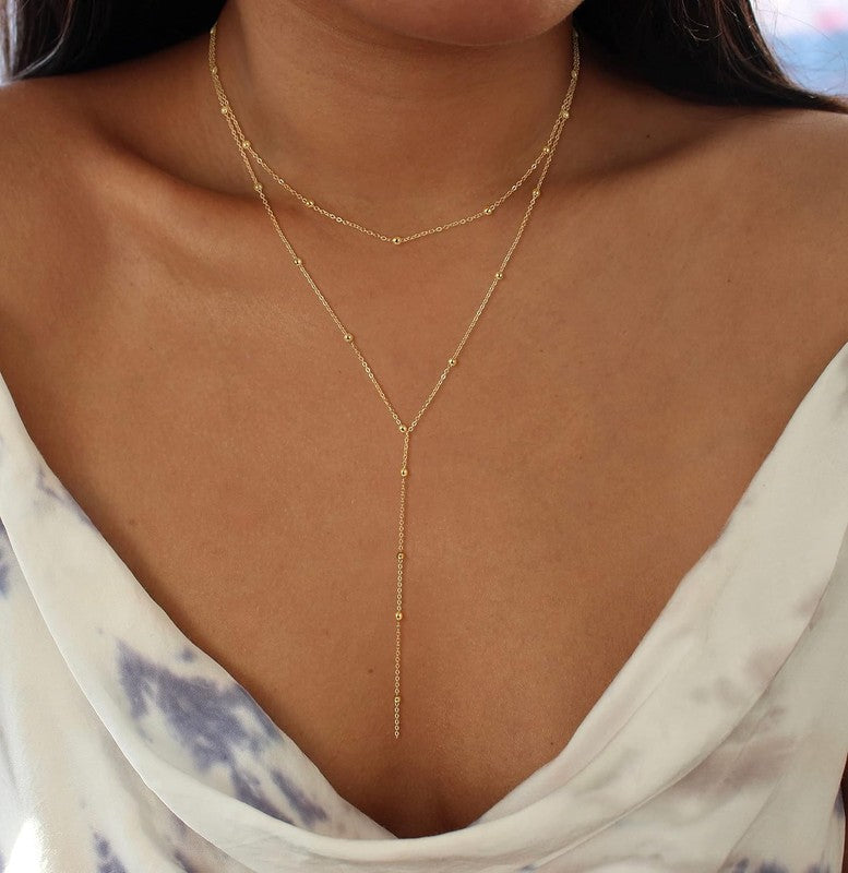 14K Gold/Silver Plated Lariat Y Necklace CZ Beaded Drop Pendant for Women3