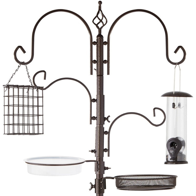 91" Brown Steel 4-Hook Bird Feeding Station w/ 2 Feeders, Tray & Bird Bath1