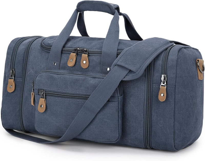 60L Expandable Canvas Duffle Bag Denim Blue Travel Weekender Carry On0