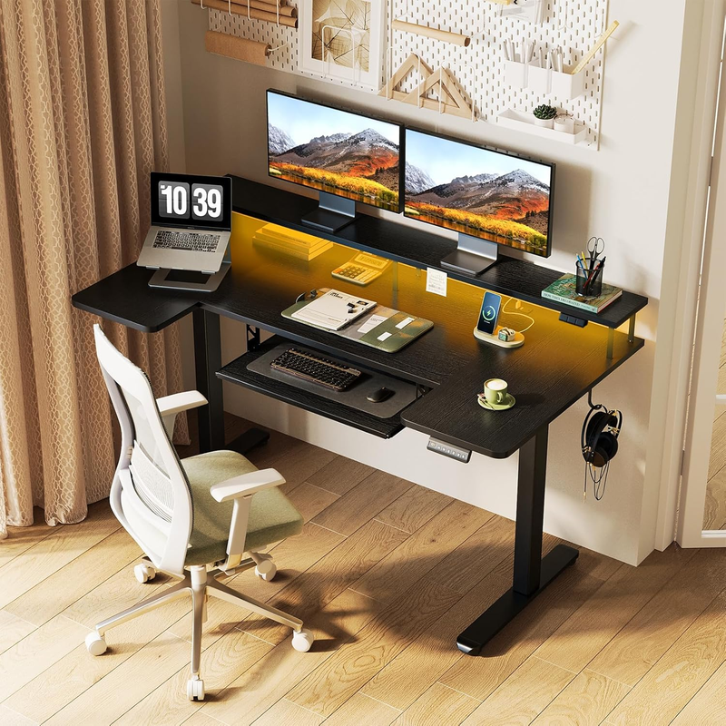 55" U Shaped Electric Standing Desk w/ Keyboard Tray LED Lights Black1