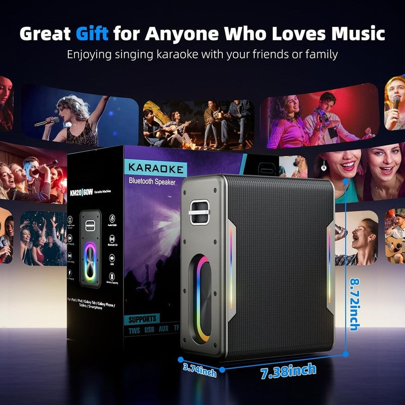 Karaoke Machine w/ 2 Wireless Mics Bluetooth LED DSP TF Card USB AUX6