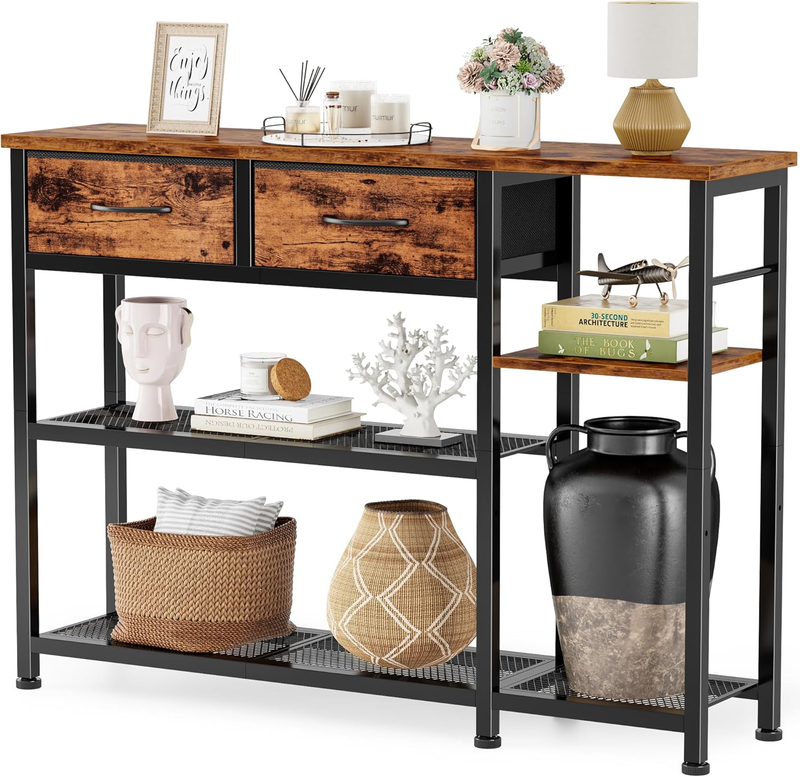 44" Industrial Entryway Console Table Sofa Table Metal Mesh Rustic Brown10
