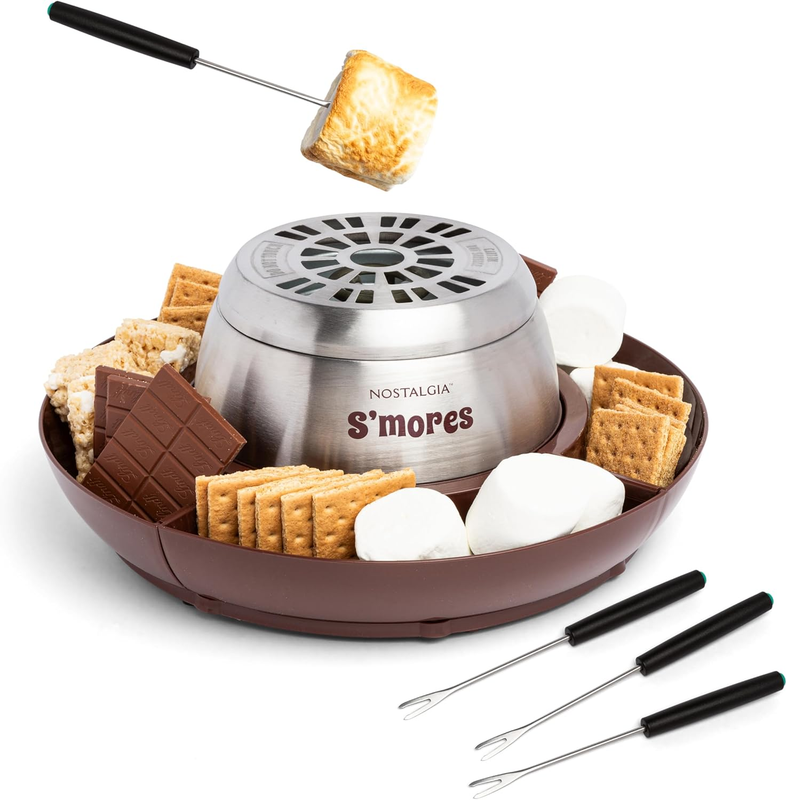Electric S'Mores Maker, 4 Trays, 4 Forks, Lazy Susan Design, Indoor, Brown SS10