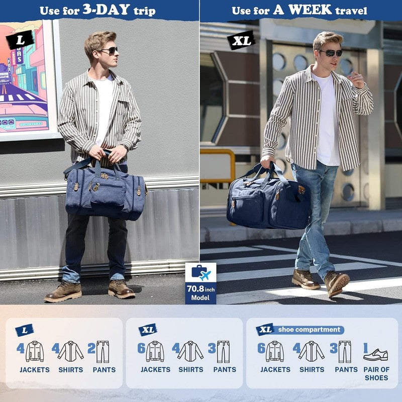 60L Expandable Canvas Duffle Bag Blue Travel Weekender Overnight Carry On9