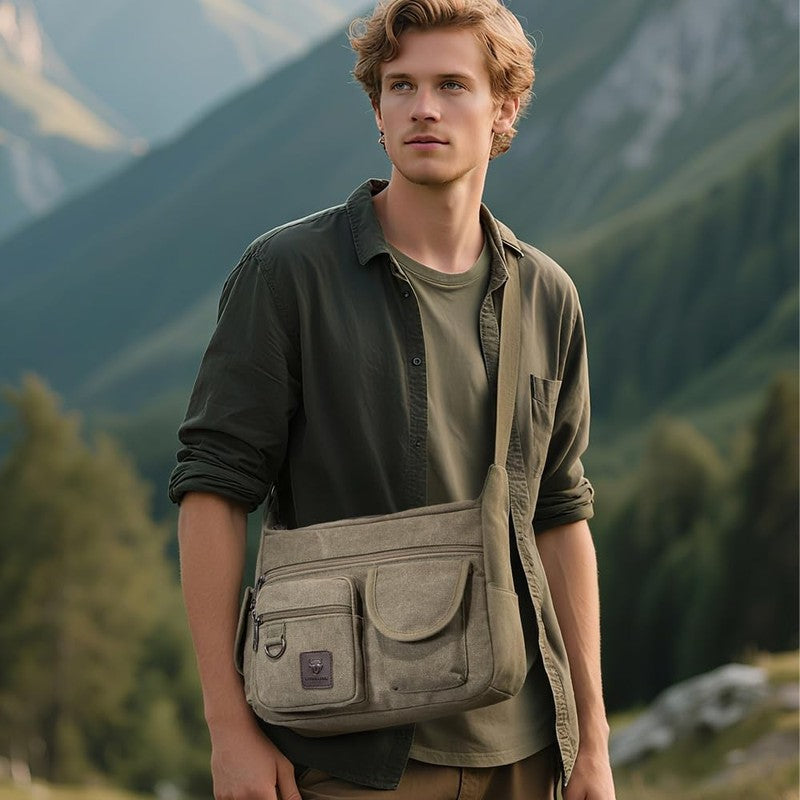 Canvas Shoulder Bag Men Multi Pocket 13 Inch Laptop Crossbody Travel Bag2