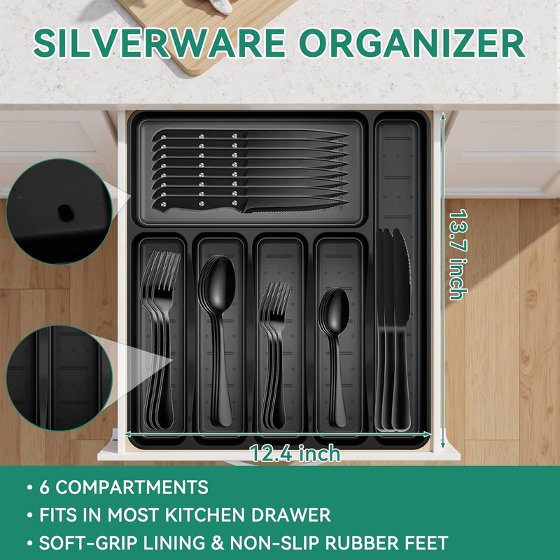 49Pc Black Silverware Set for 8 w/ Organizer Steak Knives Stainless2