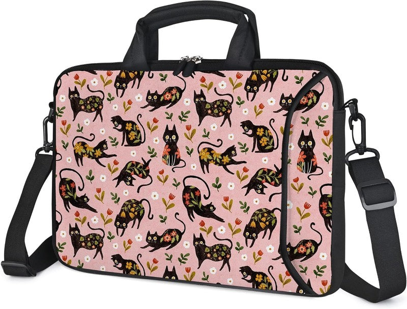 14 15.6 Laptop Sleeve Bag Flowers Cats Neoprene Carry Case w/ Handle Pocket3