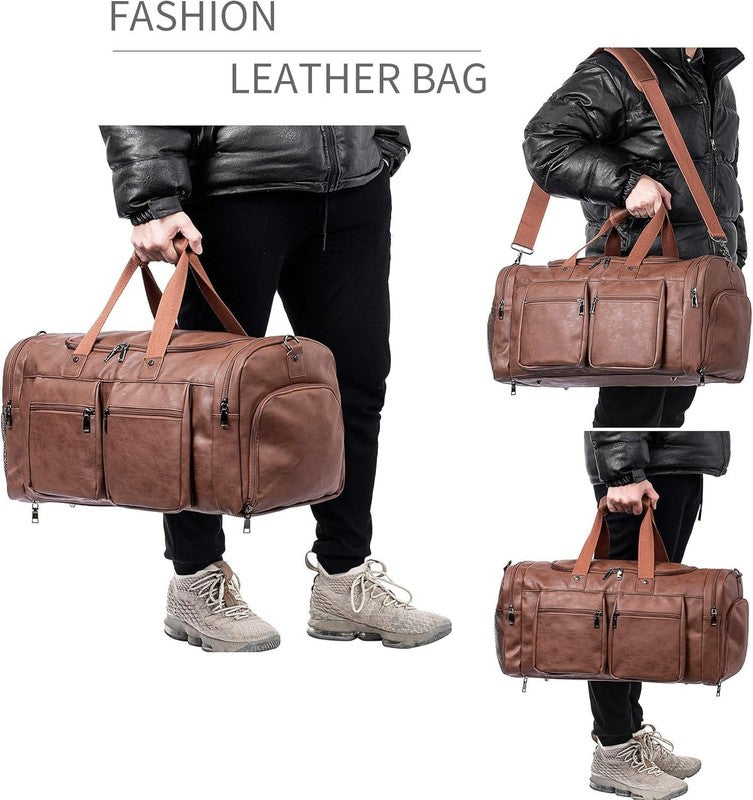 Leather Travel Duffle Bag Brown Carry On Weekender w/ Shoe Pouch Waterproof5