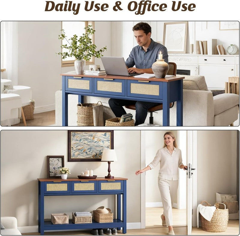47'' Blue Entryway Console Table 3 Rattan Drawers Open Shelf Sofa Table7