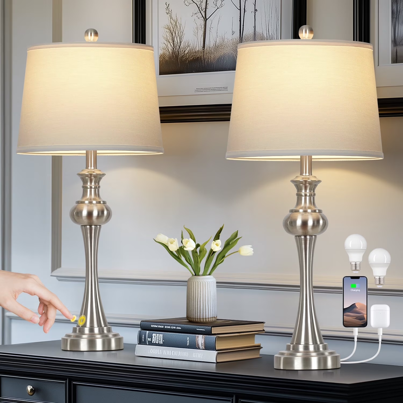 Modern Table Lamp Set of 2 with USB C+A Ports AC Outlet for Bedroom Living Room 9