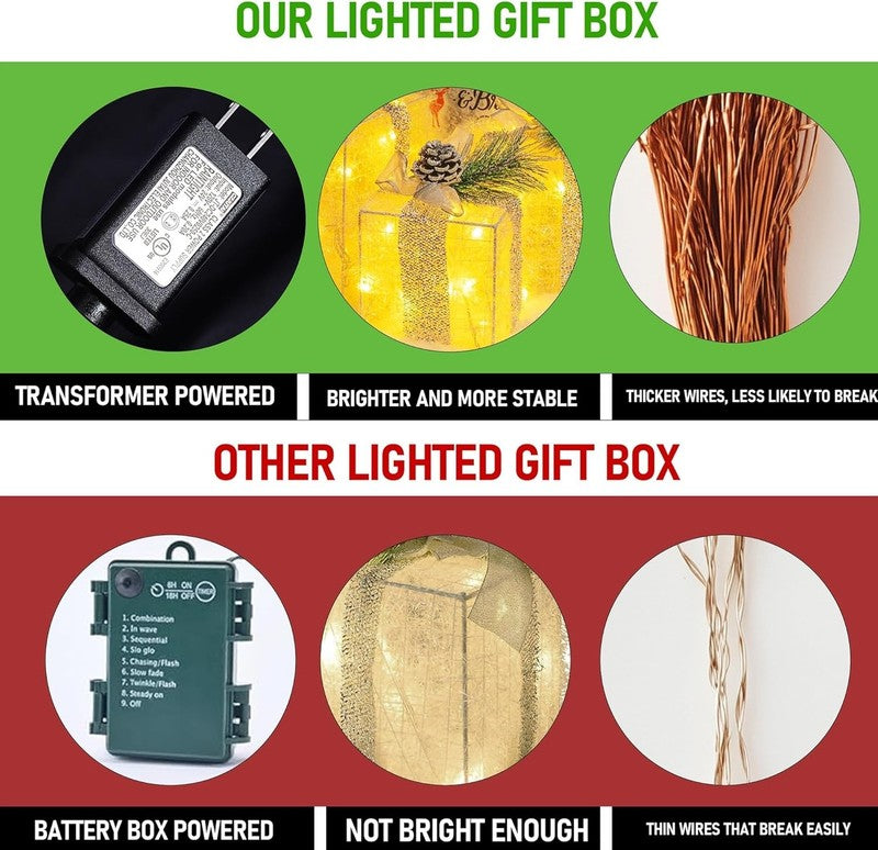 Set of 3 Christmas Lighted Gift Boxes, Pre-Lit 60 LED Light up Present Boxes Orn2