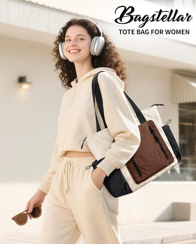 Women’s Puffer Tote Bag Lightweight Quilted Shoulder Handbag Work Laptop Brown7