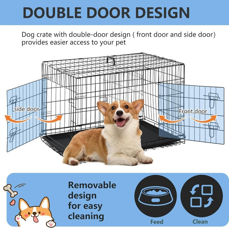 30 Inch Dog Crate Dog Kennel Cage with Double Door Folding Metal Wire Dog Cage w3