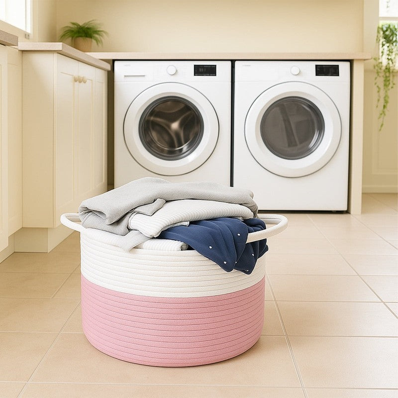 80L Collapsible Cotton Laundry Basket w/ Handles – White & Pink6