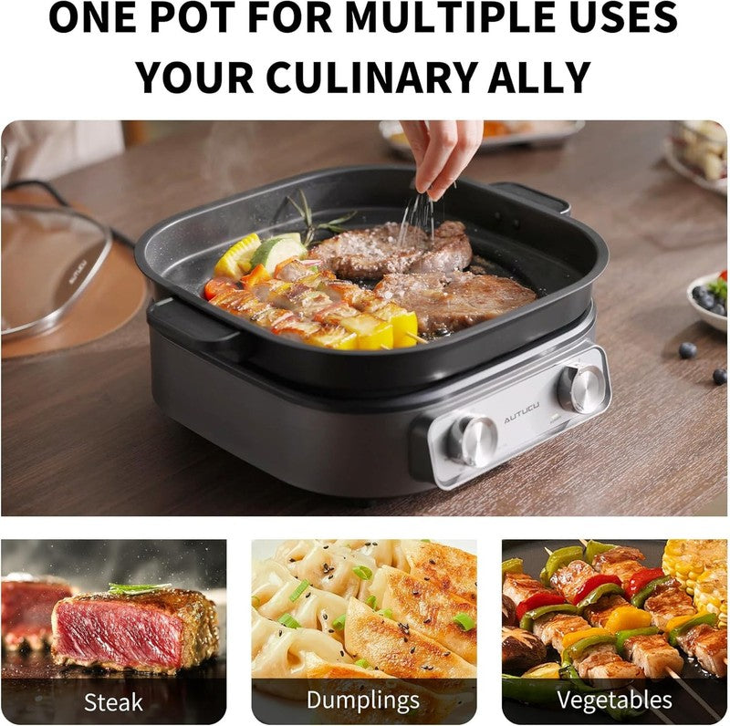 6QT Electric Skillet Grill Non Stick Ceramic 1600W Timer 3 Power Settings3