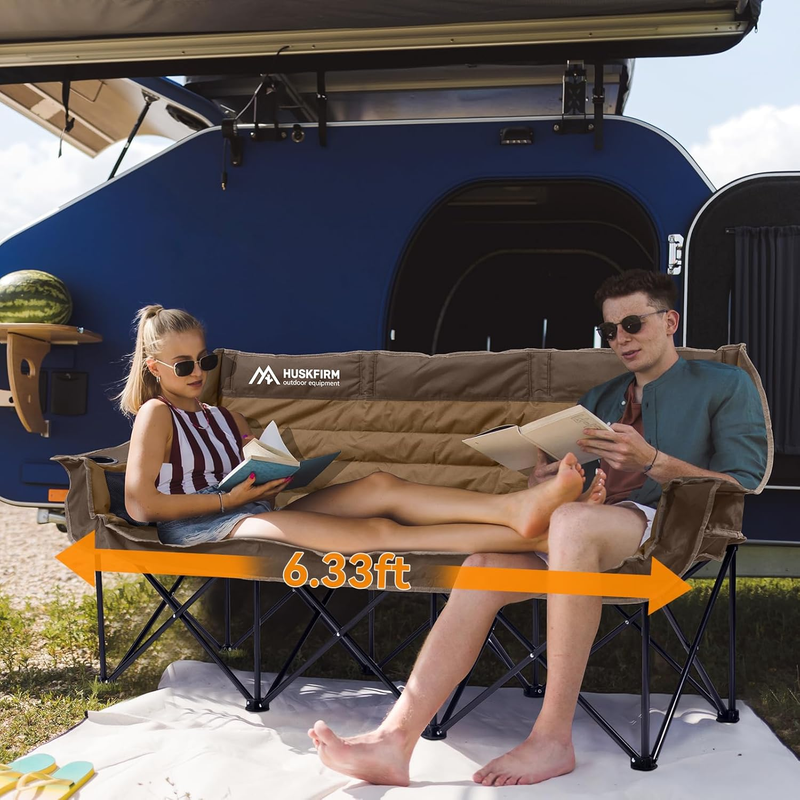 3 Person Folding Camping Chair Oversized Double Loveseat w/ Cup Holders1