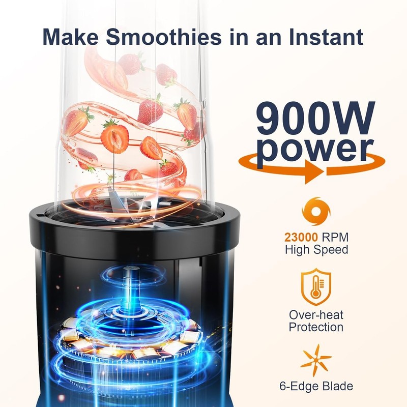 900W Personal Smoothie Blender w/ 2x22Oz Cups Single Serve Mixer Grey Blue1