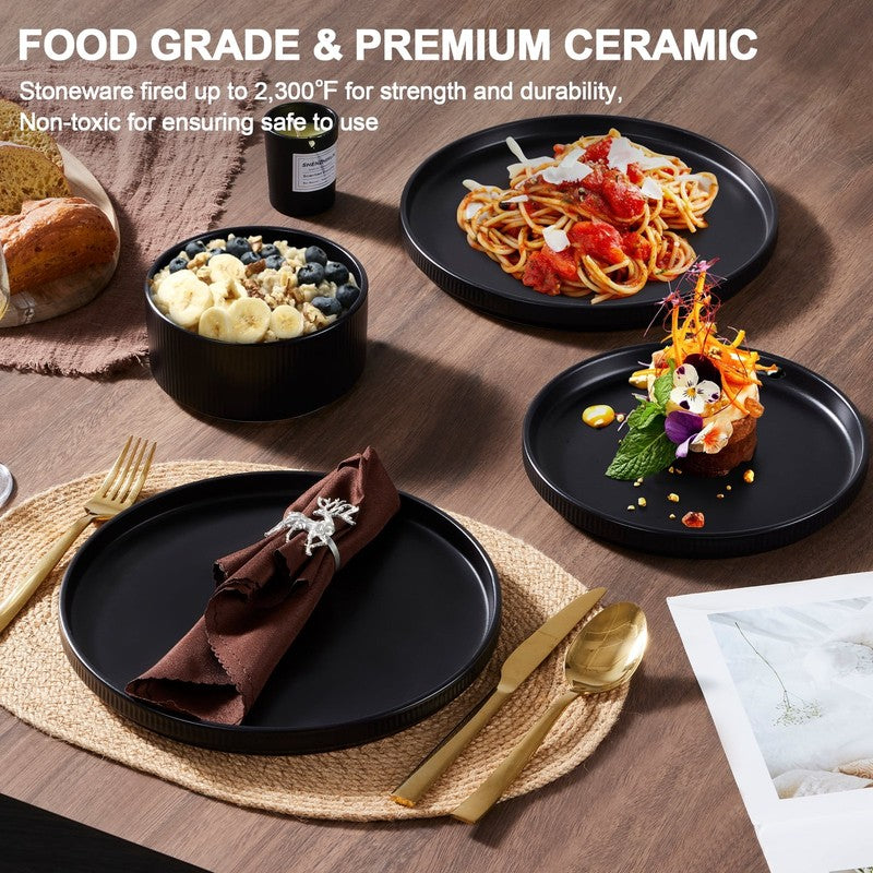 Dinnerware Set for 4, 12 Piece Premium Stoneware Ribbed Dishes, Chip & Scratch R2