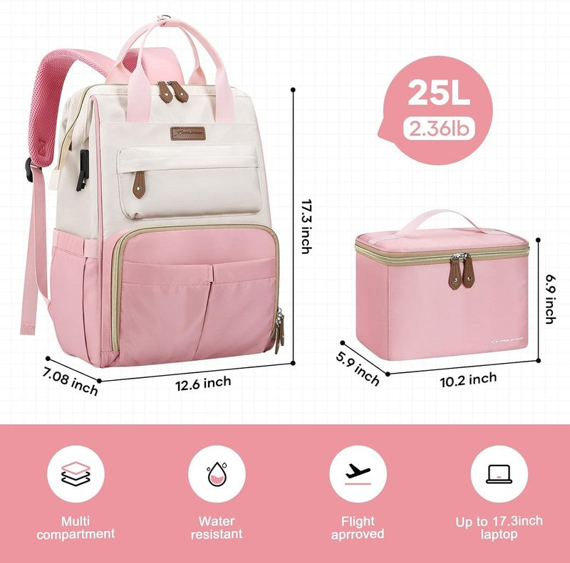 Travel Laptop Backpack 15.6 17.3" Nurse Work Bag w/ Lunch Pink Beige1