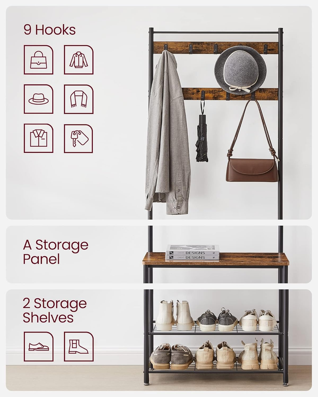 Coat Rack, Hall Tree with Shoe Storage Bench, Entryway Bench with Shoe Storage, 6