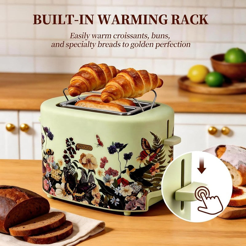 Retro 2 Slice Toaster Floral 6 Settings Wide Slots Warming Rack 750W1