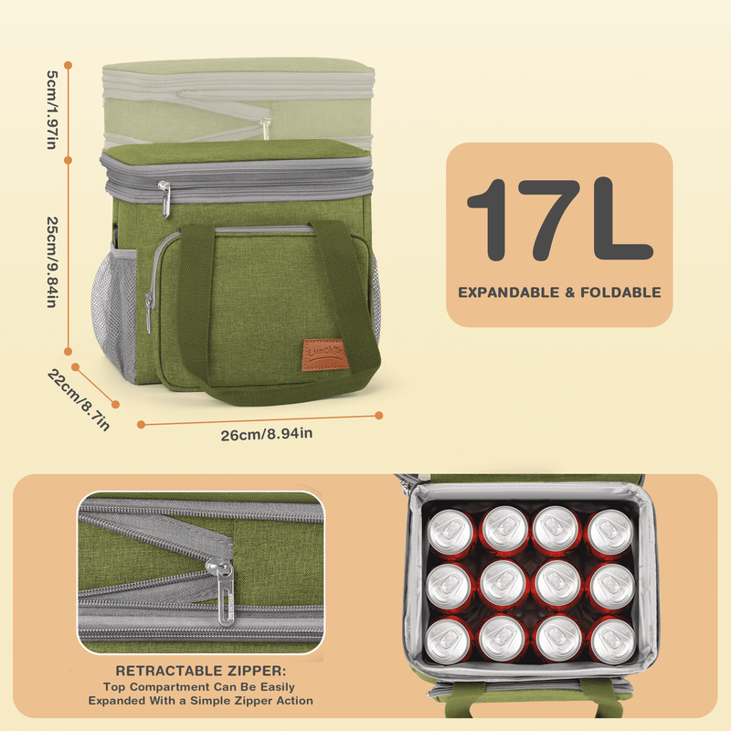 17L Insulated Lunch Bag Expandable Double Deck Cooler Tote Leakproof Work Green1