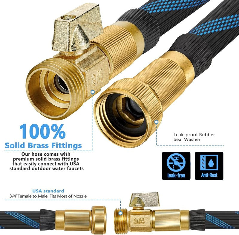 50Ft Garden Hose, 10-Function Nozzle, Leakproof, Brass Connectors, Blue Black3