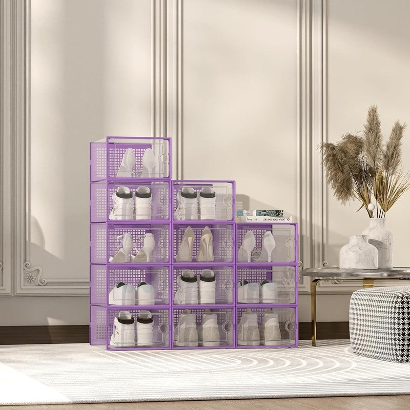 12 Pack X Large Clear Shoe Storage Boxes, Stackable Organizer Bins, Purple6